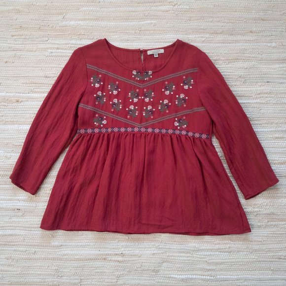 Polagram Red Long Sleeve Peplum Top with Folk Inspired Floral Embroidery Size M - Picture 1 of 12